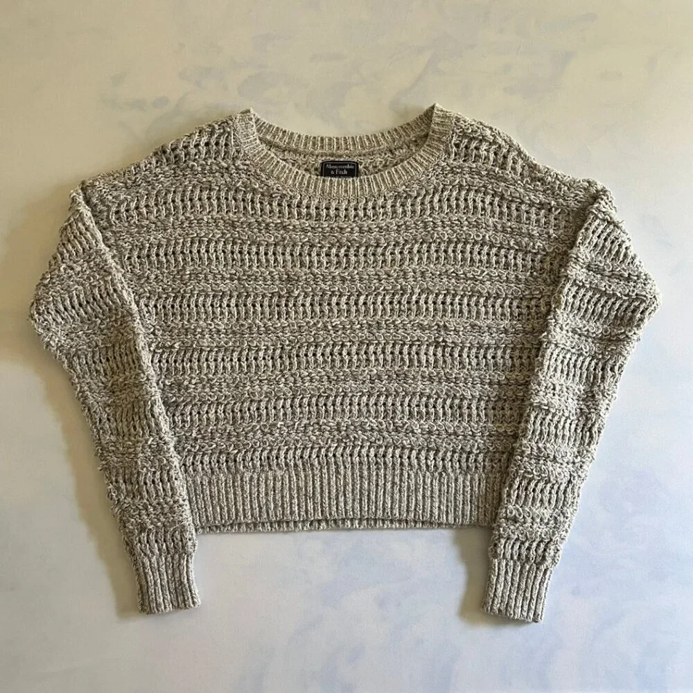 Abercrombie & Fitch Grey Knit Open Stitch Cropped Crewneck Sweater